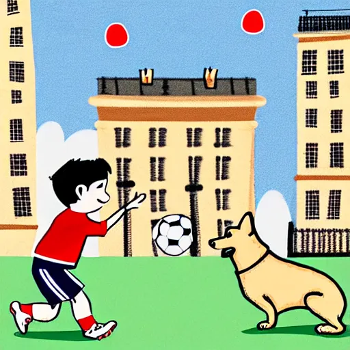 Image similar to illustration of french boy in paris playing football against a corgi who is wearing a polka dot scarf