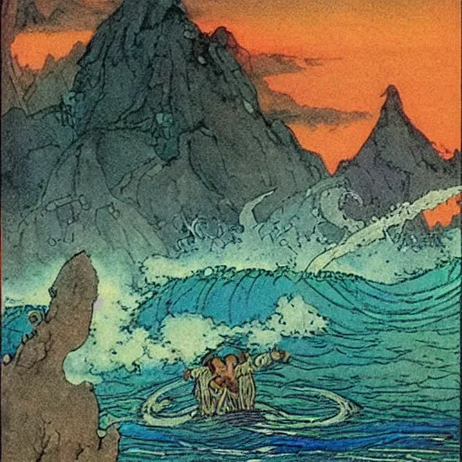 Image similar to an extremely colorful depiction of the wave scene from peter beagle ’ s the last unicorn, from a book of fairy tales illustrated by edmund dulac