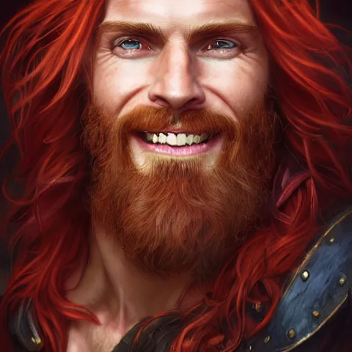 Prompt: portrait of a young ruggedly handsome but joyful pirate, male, masculine, upper body, red crimson hair, long flowing hair, fantasy, soft grin, intricate, elegant, highly detailed, digital painting, artstation, concept art, matte, sharp focus, illustration, art by artgerm and greg rutkowski and alphonse mucha