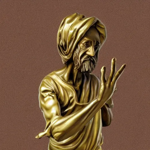 Image similar to a golden statue of a beggar extending his hand, realistic, detailed