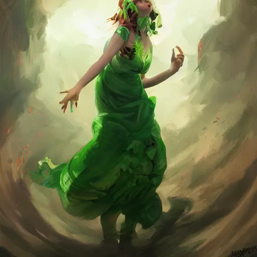 Image similar to A girl in a green dress, with tentacles coming out from underneath the dress, huggy wuggy from poppy playtime video game, fullbody, ultra high detailed, oil painting, Greg Rutkowski, Charlie Bowater, Yuumei, Yanjun Cheng, unreal 5, DAZ, hyperrealistic, octane render, RPG portrait, dynamic lighting, fantasy art, beautiful face