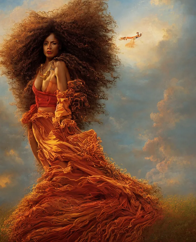 Prompt: a brown skinned goddess with long dark curly hair and a red dress, windy, golden details, shooting stars, stoic, modern, shes alone, maximalist fashion dress, hyperdetailed, dramatic, epic painting, painted by jean honore fragonard and greg rutkowski, full body, octane render, sharpness, 8 k, golden ratio
