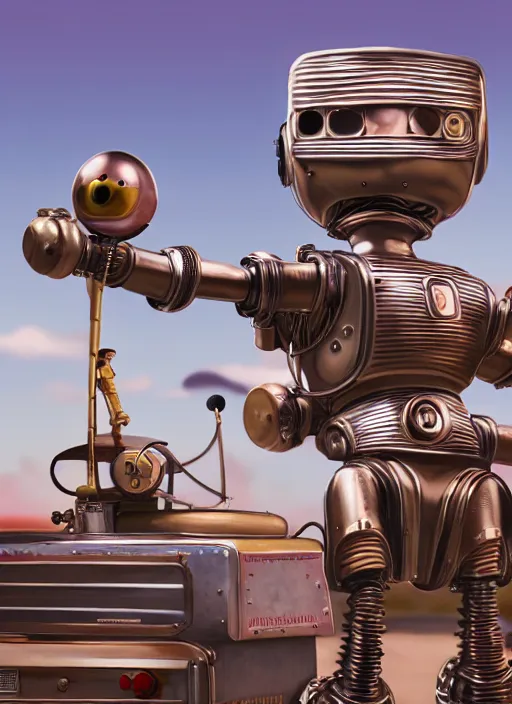 Image similar to highly detailed closeup, profile portrait of a tin toy 1 9 5 0 s robot spaceport, bikini, unreal engine, nicoletta ceccoli, mark ryden, earl norem, lostfish, global illumination, detailed and intricate environment