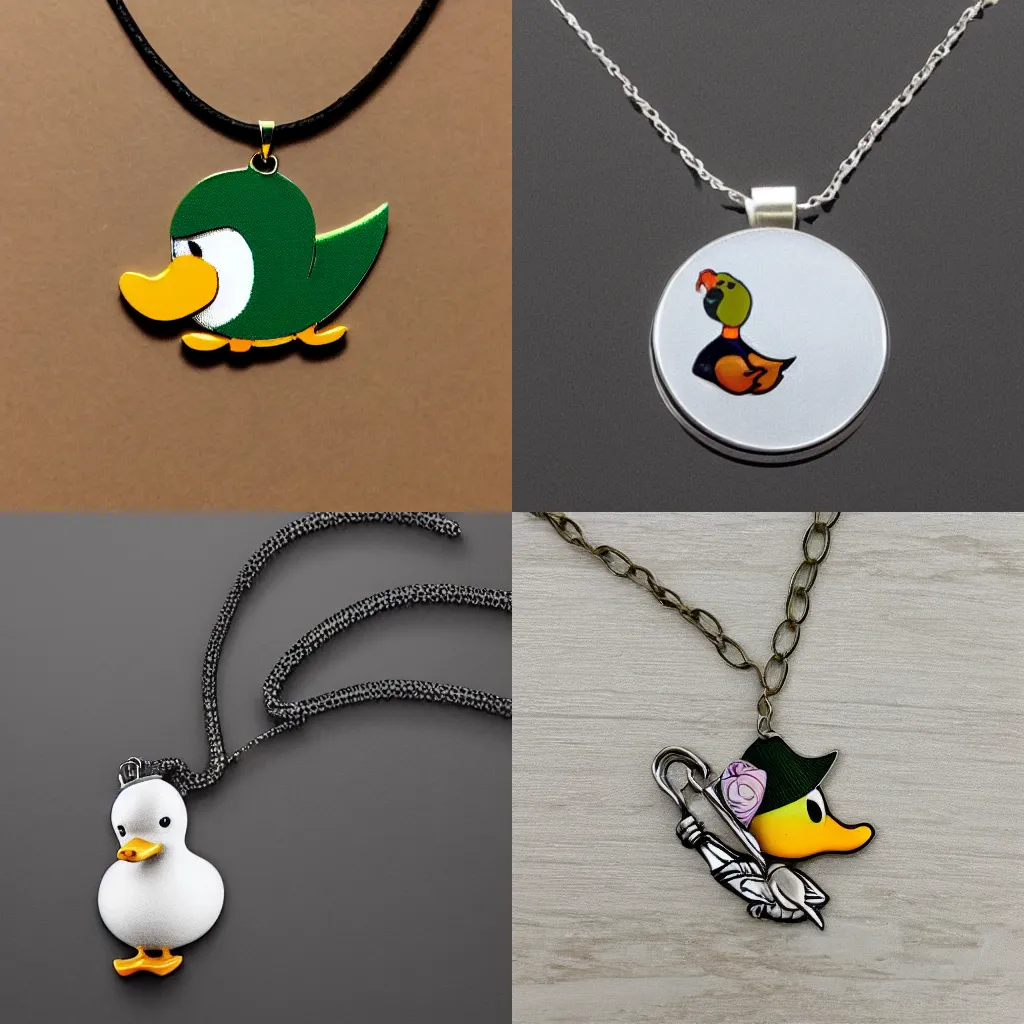 Prompt: a gangster duck wearing a necklace