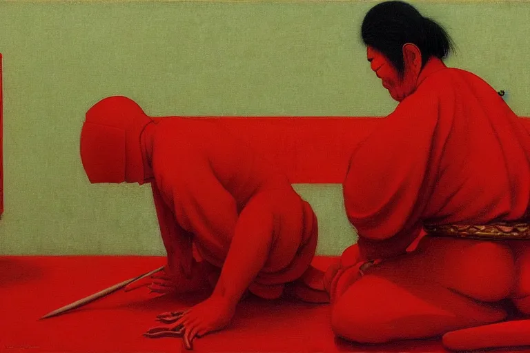 Image similar to only with red, a red samurai do seppuku, tokio, a lot of frogs watch, in the style of beksinski, parts by edward hopper, parts by rodcenko, parts by yue minjun, intricate and epic composition, red by caravaggio, insanely quality, highly detailed, masterpiece, red light, artstation, 4 k