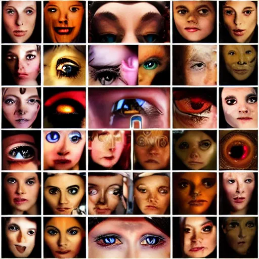 Image similar to collage, wall of eyes, reflections, fire, flames, wall of eyes, hd photograph