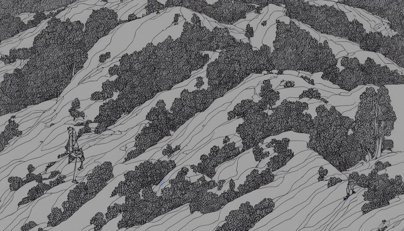 Image similar to lone backpacker on mountain ridgeline, minimalist line art by moebius, clean long lines, ultra detailed