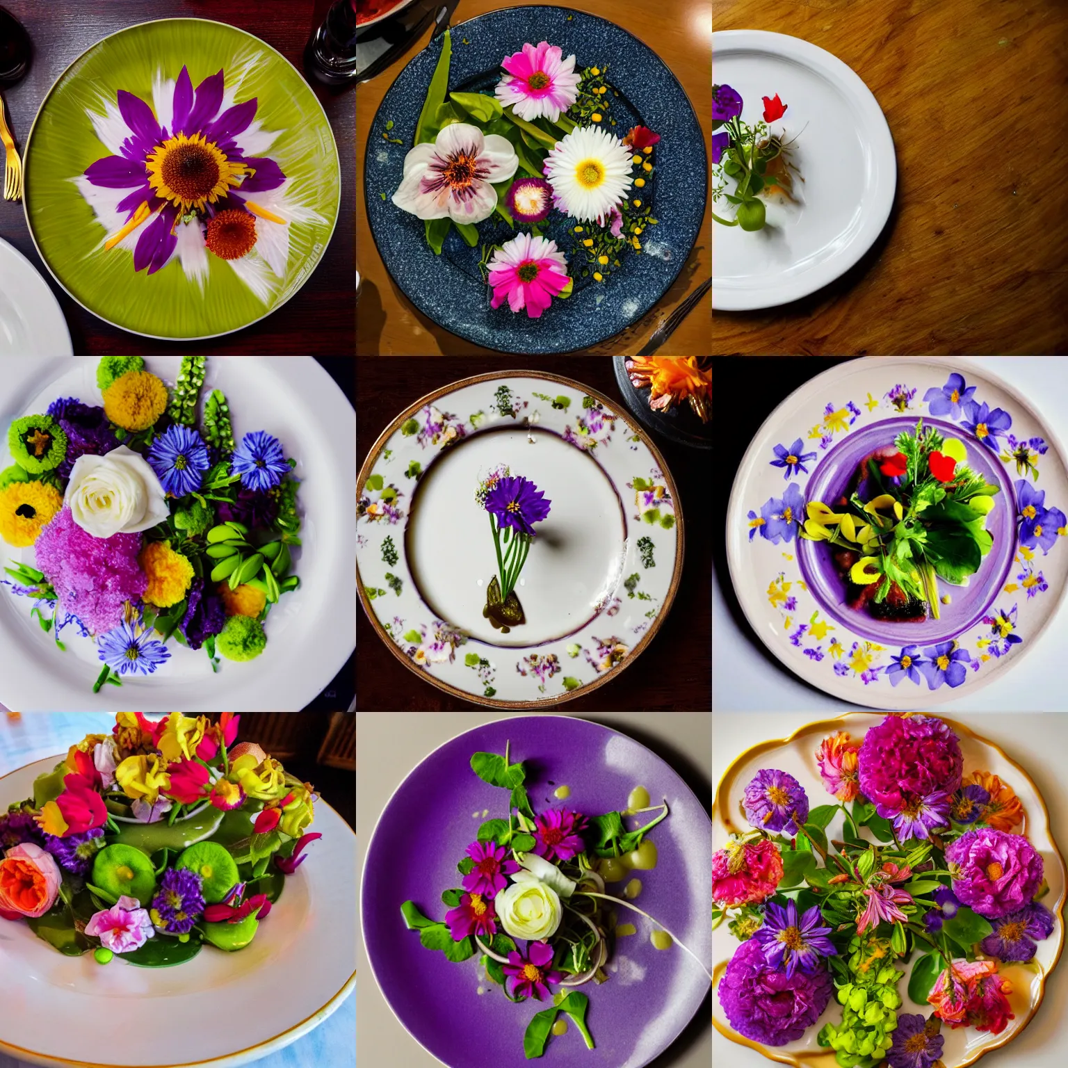 Prompt: a fine dining photo of a plate of exquisite flowers, michelin star meal, restaurant