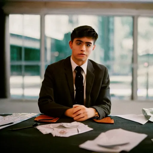 Image similar to A young man in a suit sits at a table on a martial green flannel, bokeh, cinestill