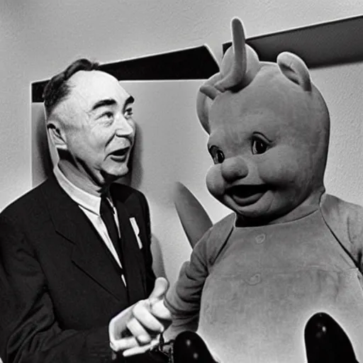 Image similar to color photo of robert oppenheimer debating with teletubbies