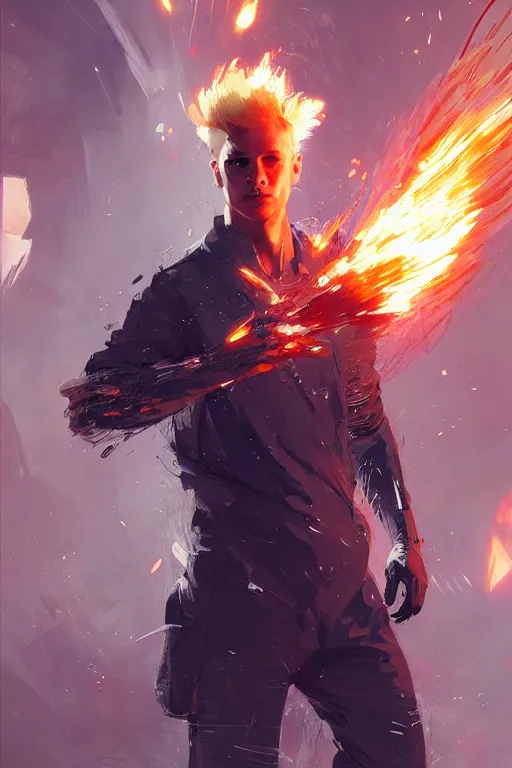Prompt: character art by wadim kashin, young man, blonde hair, on fire, fire powers
