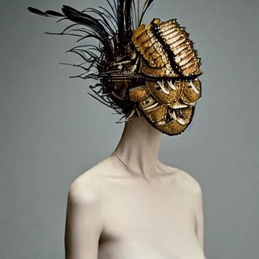 Image similar to a woman with a weird head piece on her head, a flemish Baroque by Alexander McQueen, trending on pinterest, panfuturism, made of paperclips, made of insects, made of feathers,