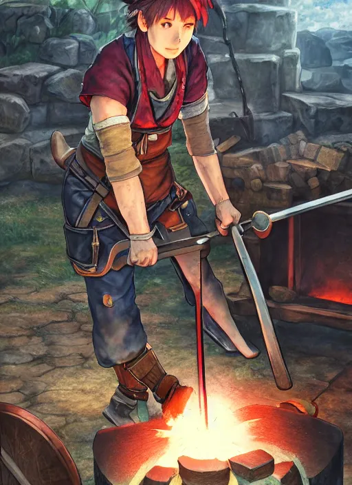 Image similar to character portrait of a blacksmith tomboy pounding a rod of hot iron on an anvil at the smithy, hidari, color page, tankoban, 4K, tone mapping, Akihiko Yoshida.