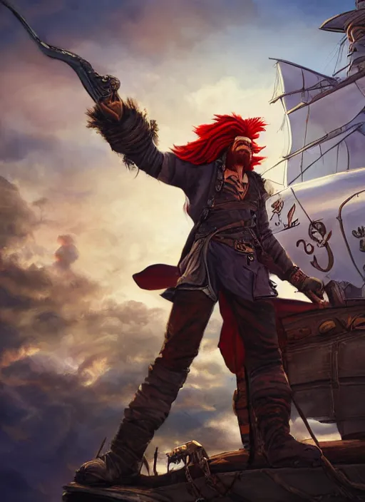 Prompt: an epic fantasy comic book style portrait painting of a long haired, red headed male sky - pirate in front of an airship in the style of disney, unreal 5, daz, hyperrealistic, octane render, cosplay, rpg portrait, dynamic lighting