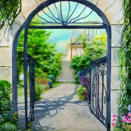 Image similar to delicate, chairs, garden, paved, botanic watercolors oils, iridescent, 8 k, realistic shaded, fine details, artstation, italian, iron gate, tree, mediterranean