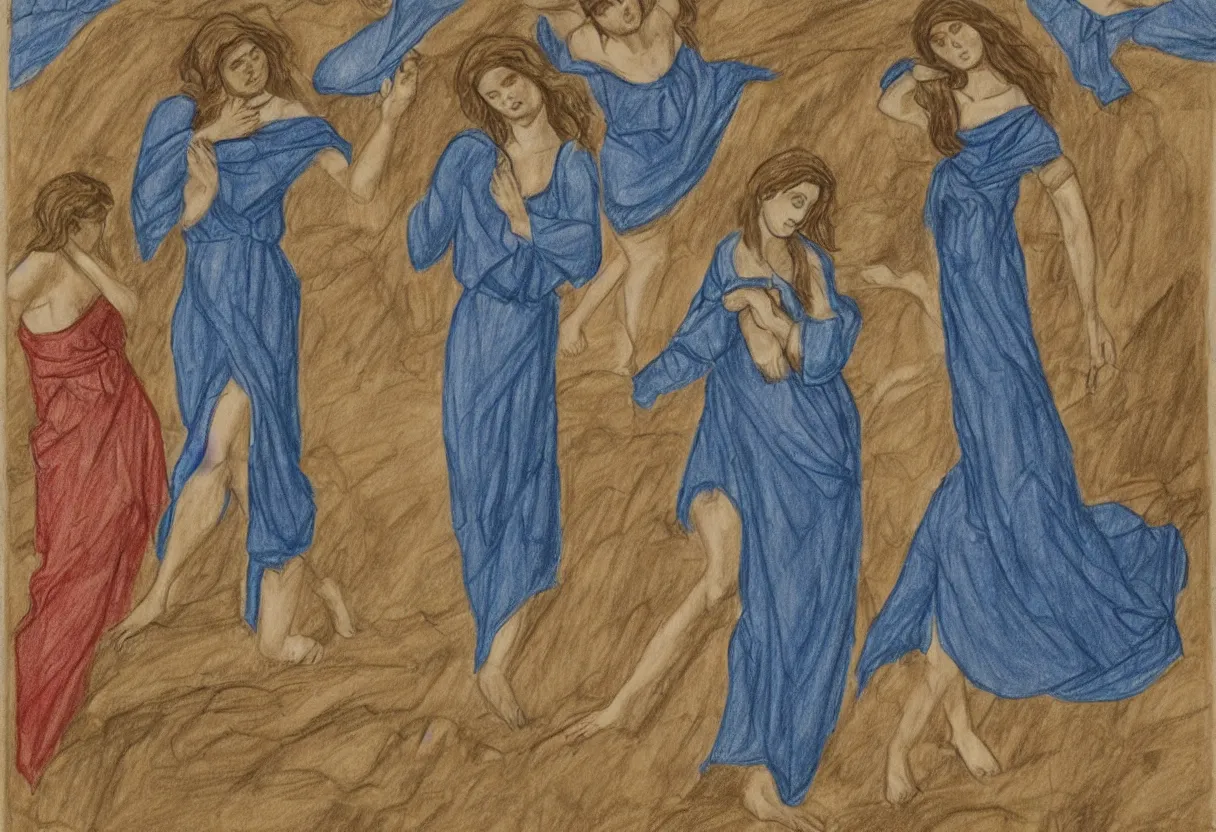 Prompt: a drawing of 3 maria's with blue dresses in a landscape crying at the death of christ