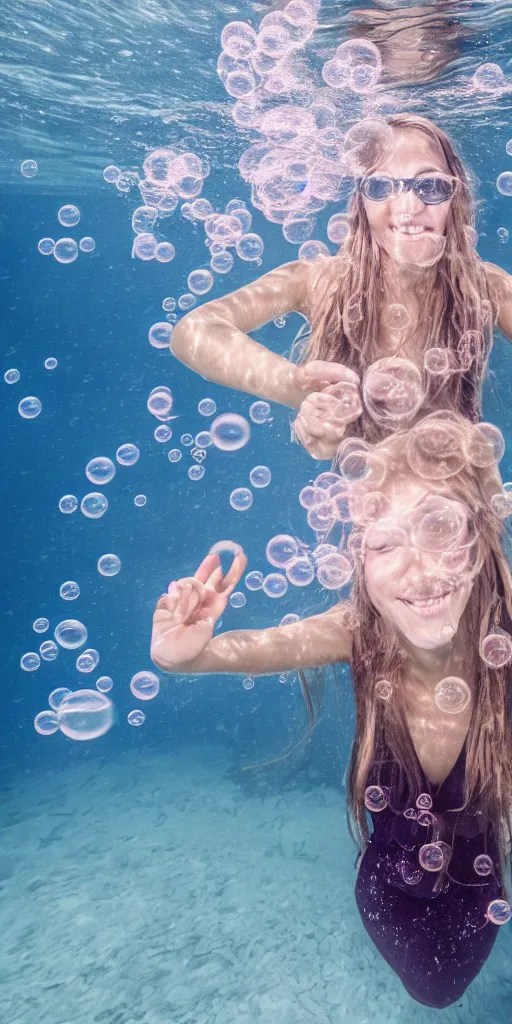 Prompt: a photo of a beautiful young woman floating underwater with bubbles all around