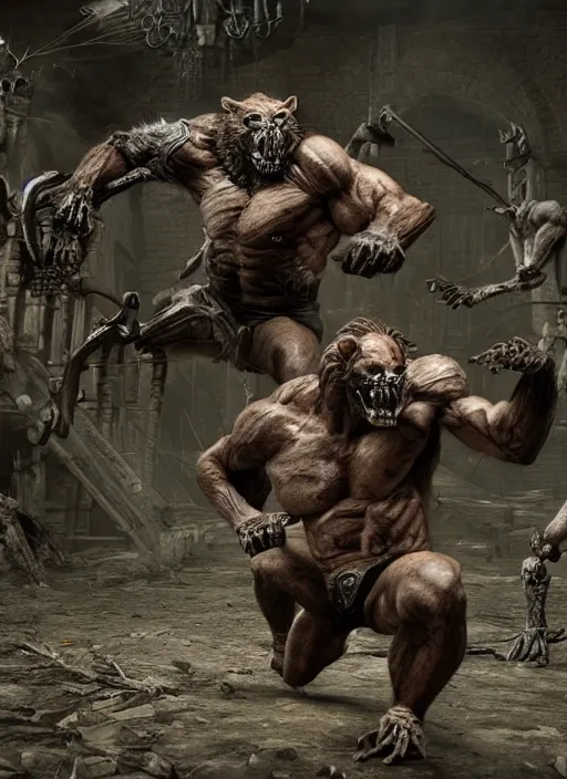 Image similar to a muscular werewolf fighting an endless army of skeletons, ultra - detailed fantasy, realistic, dnd, behance hd, artstation, ray tracing hdr render in unreal engine 5