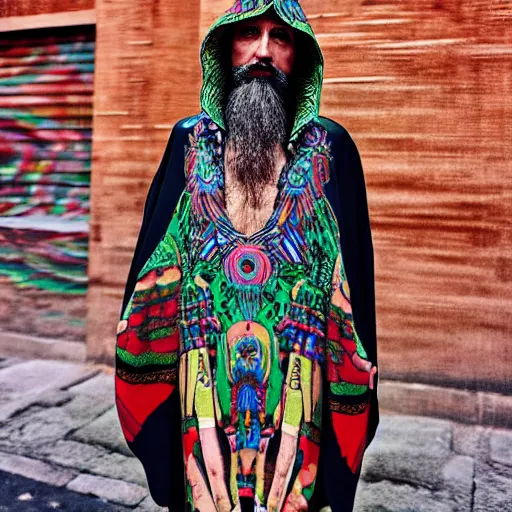 Prompt: ancient greek philosopher wearing gucci colorful intense intricate textile chiton himation cloak tunic detailed streetwear cyberpunk modern fashion