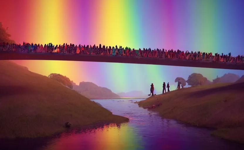 Prompt: incredible, mindblowing, refugees crossing a bridge made of rainbow, matte painting, makoto shinkai, artstation, cgsociety, dramatic lighting, concept art, octane render, arnold 3 d render