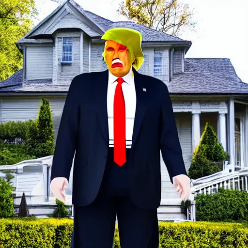 Image similar to anime donald trump villain posing in front of a spooky house