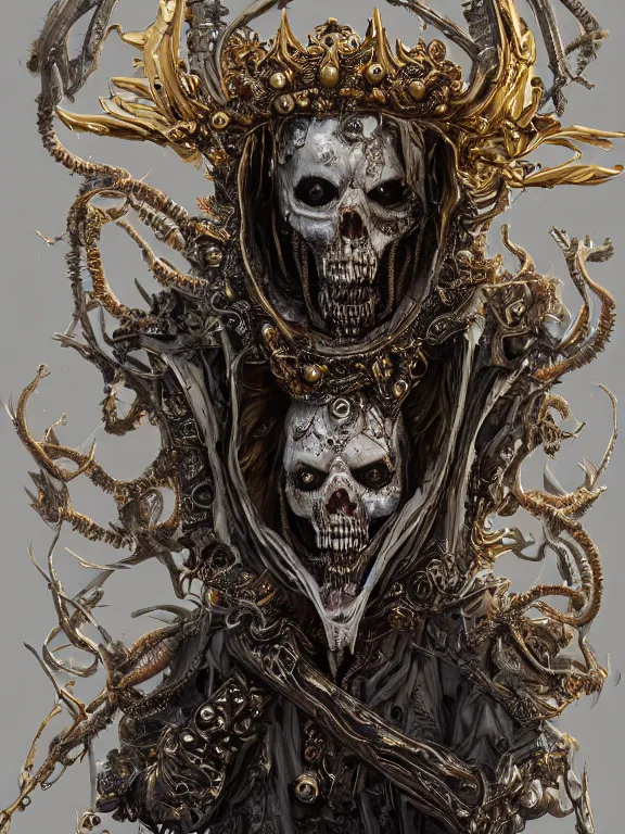 Prompt: portrait art of 8k ultra realistic undead eldritch horror corrupted lich queen, ornate gold crown , detailed intricate ornate armour,decaying, cybernetic, full of colour, cinematic lighting, battered, trending on artstation, 4k, hyperrealistic, focused, extreme details,unreal engine 5, cinematic, masterpiece, art by ayami kojima, giger