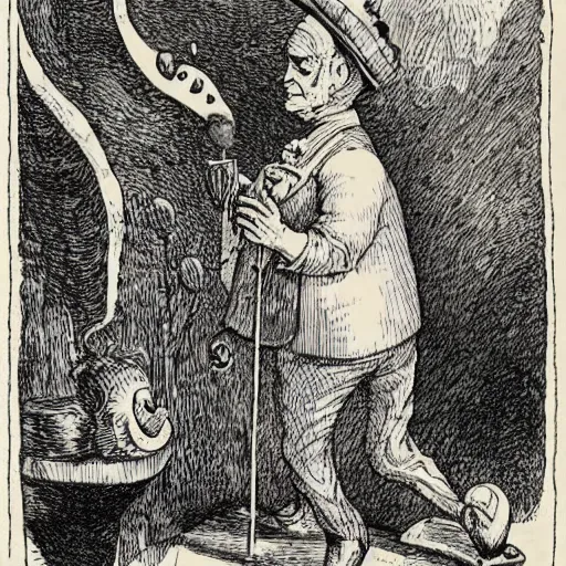 Image similar to A hookah smoking caterpillar, Alice In Wonderland, Absolem, Lewis Carol. by John Tenniel ::