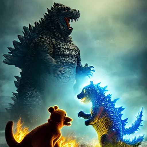 Prompt: godzilla and winnie the pooh are best friends, cinematic composition, epic dramatic lighting, realistic, hyperdetailed, photorealistic, photograph, epic scale by gaston bussiere