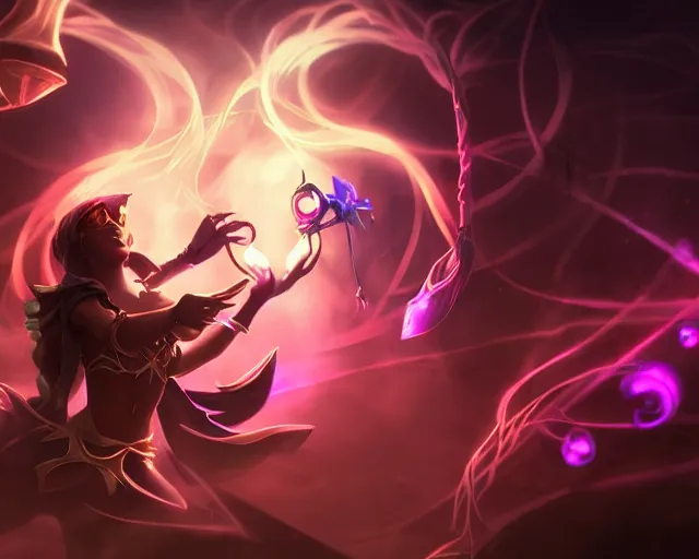 Image similar to league of legends Splashart of a very mysterious girl puppeteer that controls the fate with glowing strings, dramatic lighting