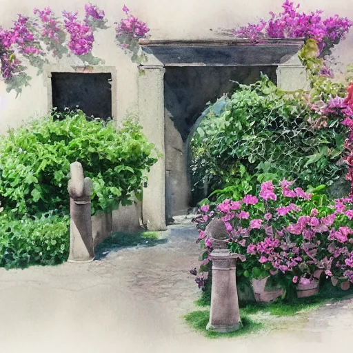 Image similar to delicate, garden, paved, botanic watercolors, iridescent, 8 k, realistic shaded, fine details, artstation, italian, chairs, gate, oak tree, pompeii