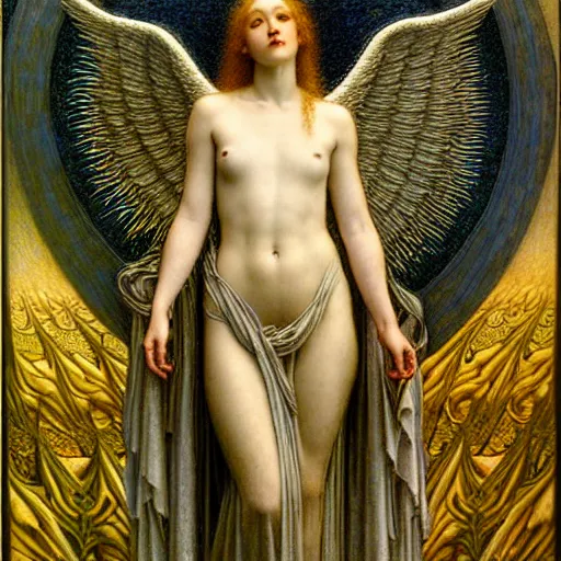 Image similar to detailed realistic beautiful young radiant medieval angel queen portrait by jean delville, gustave dore and marco mazzoni, art nouveau, symbolist, visionary, gothic, pre - raphaelite, horizontal symmetry