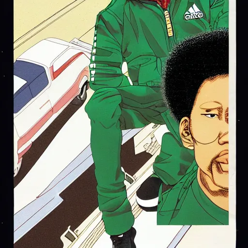 Image similar to illustration by katsuhiro otomo, black man with afro hair, stubble, wearing an adidas army green jacket, in the streets of tokyo, akira style, by katsuhiro otomo