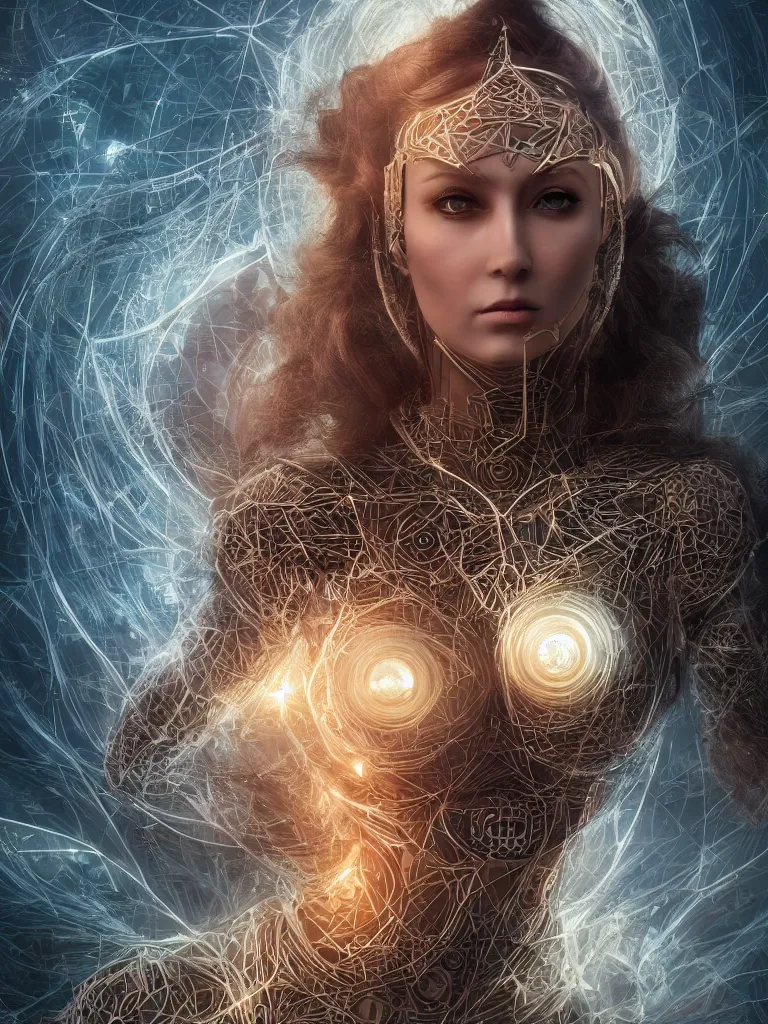 Image similar to a photo of a robotic woman covered in modular synthesizer parts surrounded by sacred geometry made from elven architecture, full body, perfect face, powerful, cinematic, beautifully lit, by artgerm, by karol bak, 3 d, octane render, 8 k