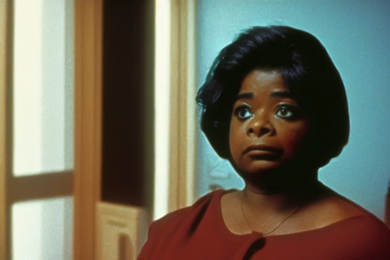 Image similar to cinematic shot from a 1 9 8 5 paranoid thriller, screenshot of octavia spencer removes a small hearing device with tweezers from her left ear, apartment set in the near future, film directed by stanley kubrick, anamorphic lenses, color theory, apartment design, leading lines, photorealistic, volumetric lighting