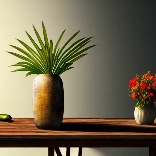 Image similar to a large vase with palms on top of a antique wooden table, vegetables on table and candle, medieval antique concept art, cinematic lightning and colors, vray tracing, rendered in unreal engine, dark lightning, contrast shadows, super detailed, 8 k