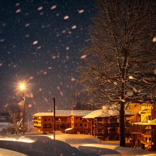 Image similar to cozy winter night at a ski resort, tilt - shift photography, highly detailed snow, low light, illuminated by street lights