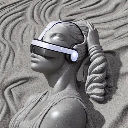 Image similar to the head of a marble cybernetic lady justice statue wearing a virtual reality headset on ground covered in sand, cyberpunk background, highly detailed, epic lighting, hyper photorealism, 8 k