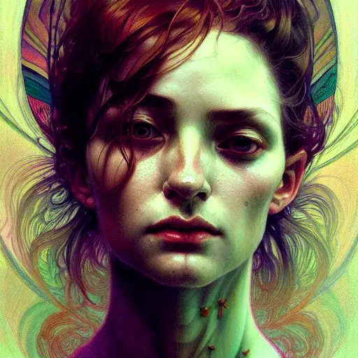 Image similar to An extremely psychedelic portrait, surreal, LSD, face, detailed, intricate, elegant, lithe, highly detailed, digital painting, artstation, concept art, smooth, sharp focus, illustration, art by Krenz Cushart and Artem Demura and alphonse mucha