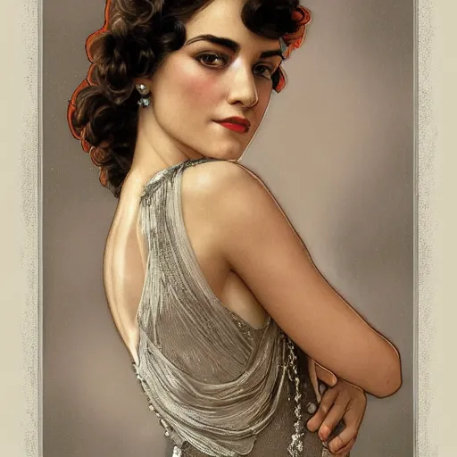 Prompt: full figure ultra realistic illustration, aurora perrineau wearing a 1 9 2 0 s flapper dress, 1 9 2 0 s hair, 1 9 2 0 s brooklyn, intricate, elegant, highly detailed, digital painting, artstation, concept art, smooth, sharp focus, illustration, art by artgerm and greg rutkowski and alphonse mucha