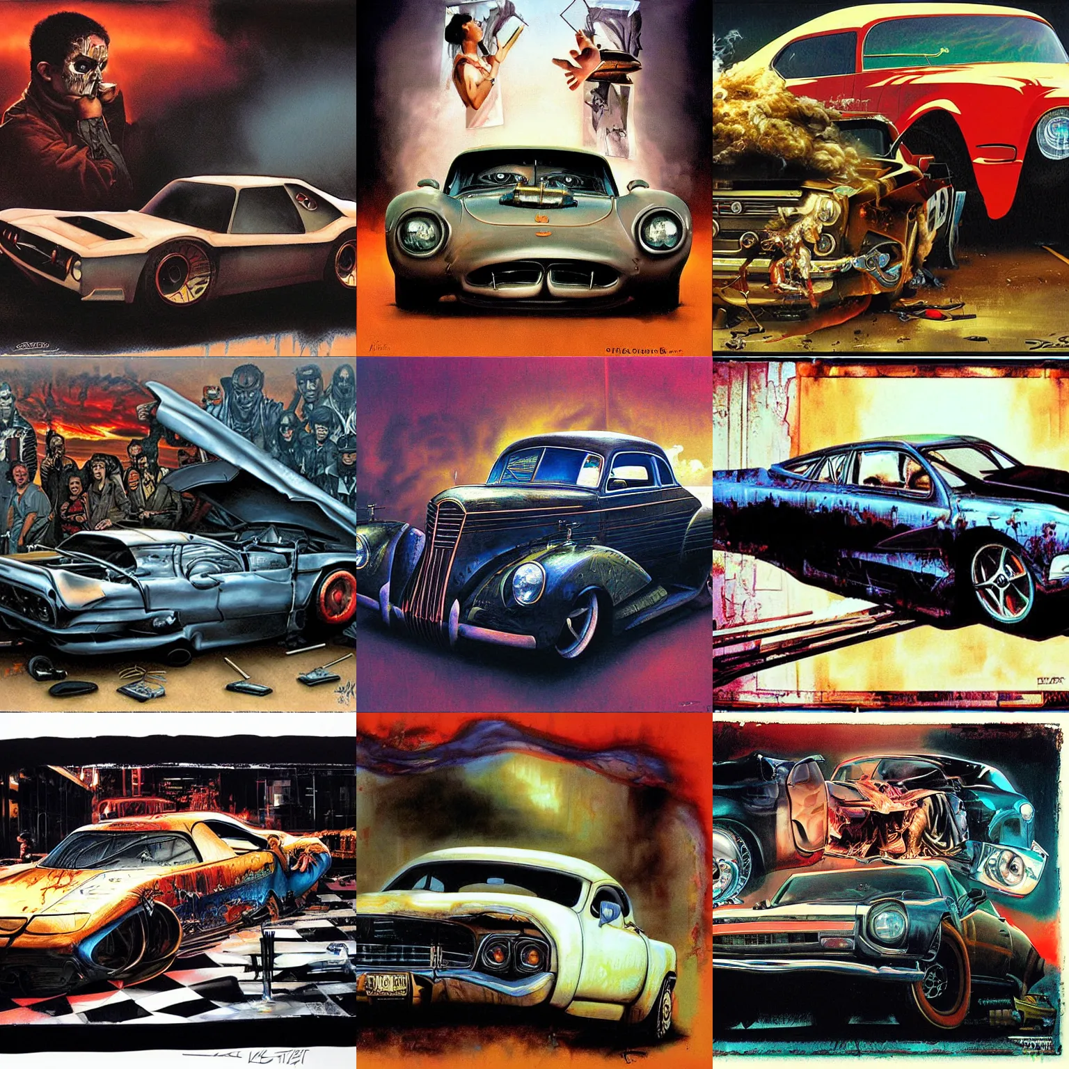 Prompt: the evil car, a compelling, complicated, grim, yet thoughtful painting by drew struzan