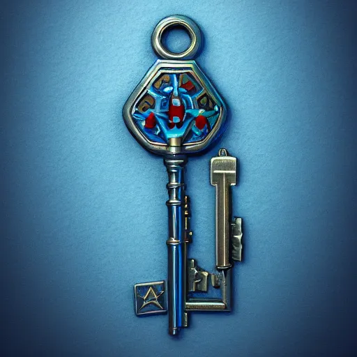 Image similar to a stylised old ice blue colorful metal key, key is on the center of image, rpg game inventory item, rim light, outer glow, on the white background, vray, stylised textures, trending on artstation