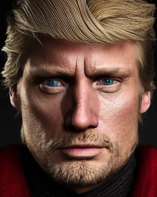 Prompt: jaime donald trump lannister, lord commander of the kingsguard, the kingslayer, close up portrait, highly detailed, hyperrealism, octane render