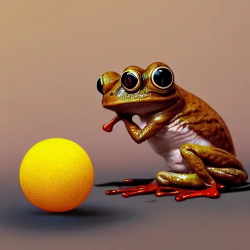 Image similar to ground level wide angle shot of a cute frog bowling with a golden metal ball, concept art, by esao andrews, by m. w. kaluta, by pixar, volumetric light, rich colors, very humorous!!!, realistic reflections, smooth, depth perception, shallow depth of field, 4 k, unreal engine 5, artstation