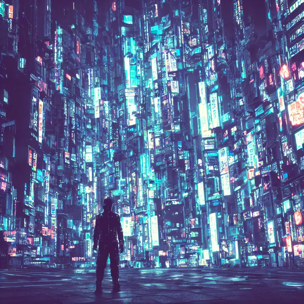 Prompt: cyberpunk android standing in a dark alley looking out to the city in future tokyo at night