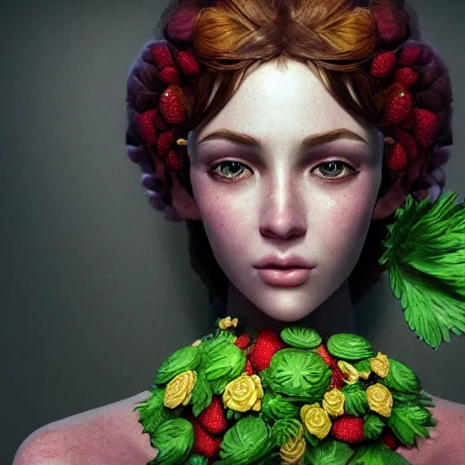 Image similar to the portrait of an absurdly beautiful, graceful, elegant, sophisticated woman made of strawberries and green petals, an ultrafine hyperdetailed illustration by irakli nadar, intricate linework, bright colors, octopath traveler, final fantasy, unreal engine 5 highly rendered, global illumination, radiant light, detailed and intricate environment