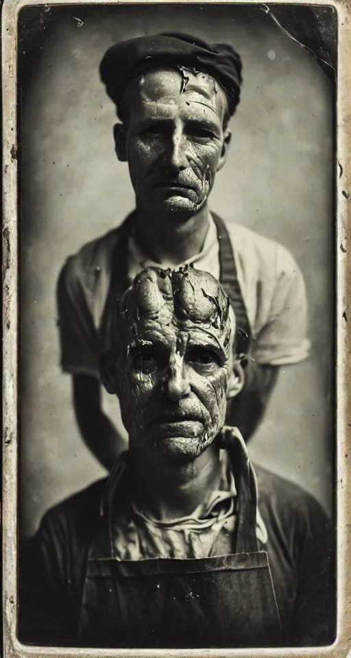 Image similar to a wet plate photograph, a portrait of a 30-year-old butcher