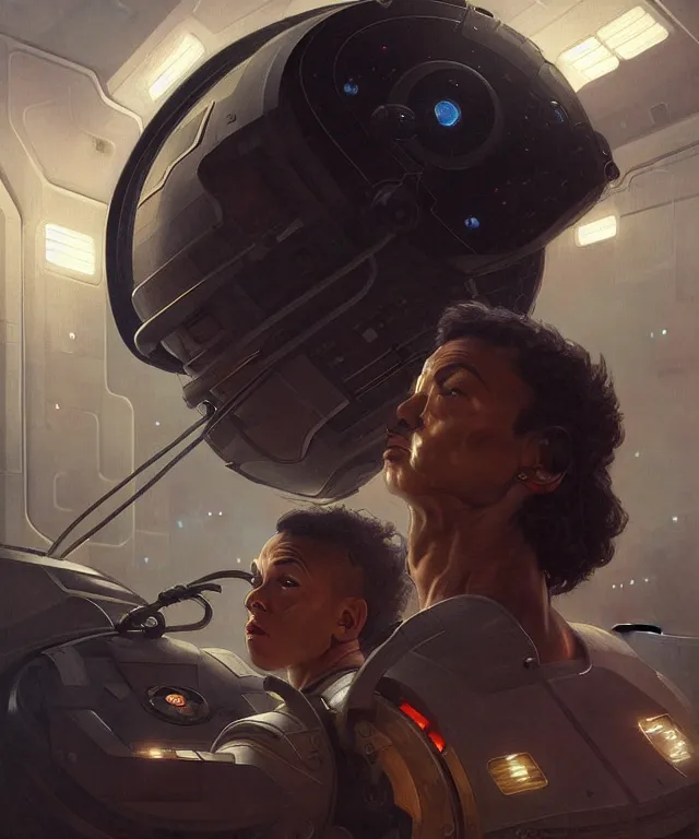 Image similar to Short muscular man in spacecraft loading bay, portrait, face, dark hair, black skin, sci-fi, intricate, elegant, highly detailed, digital painting, artstation, concept art, smooth, sharp focus, illustration, art by artgerm and greg rutkowski and alphonse mucha