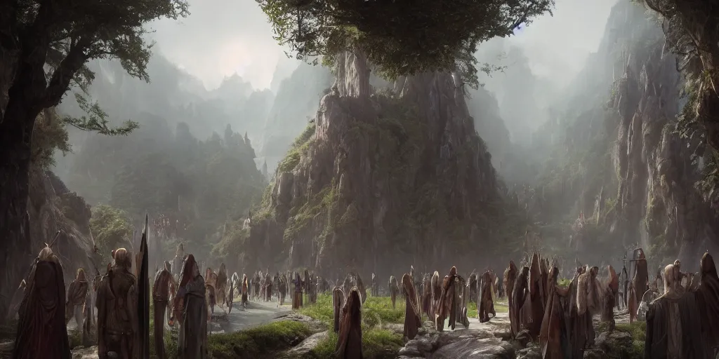 Image similar to epic rivendell fantasy, crowds of travellers, still from lord of the rings, final fantasy, large stone statues of heroes, ethereal, misty, by artgem and greg rutkowski and alena aenami, trending on artstation, 8 k