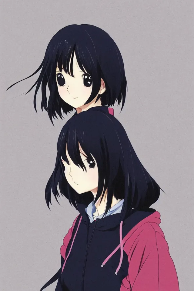 Image similar to anime visual, portrait of a young black haired girl wearing hoodie in a school, cute face by yoh yoshinari, katsura masakazu, studio lighting, dynamic pose, dynamic perspective, strong silhouette, anime cels, ilya kuvshinov, cel shaded, crisp and sharp, rounded eyes, moody