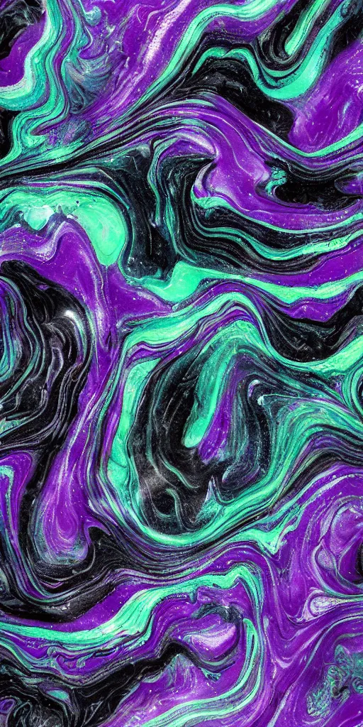 Prompt: beautiful liquid marble texture with big oil bubbles. harmonic chromatic black tones coloured abstraction with purple splashes. ultradetailed realistic art